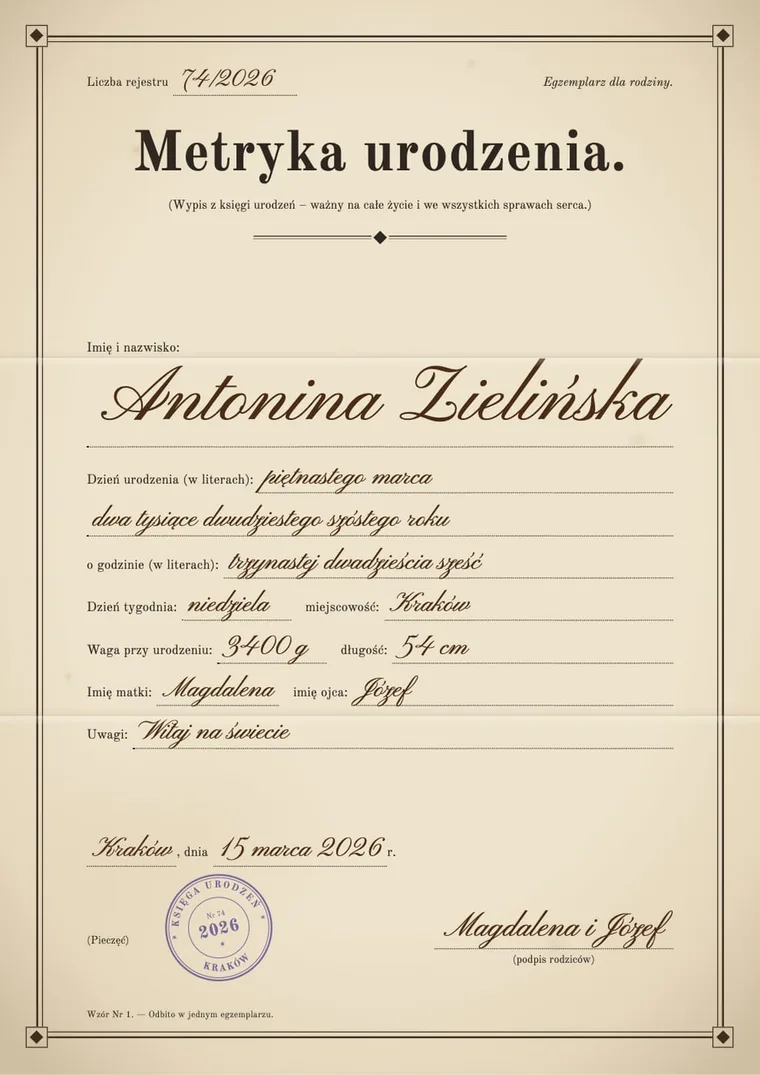 Dawna metryka – przykładowa metryczka
