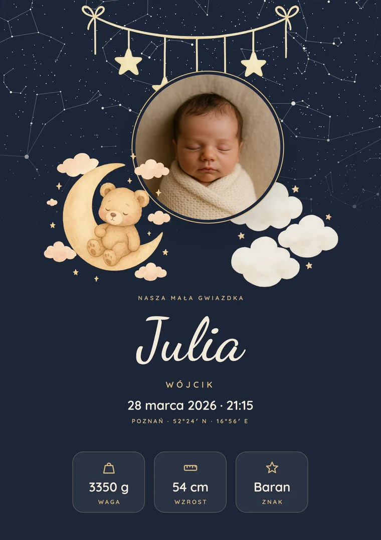 Plakat „Gwiezdna akwarela” z napisem „Witaj na świecie”